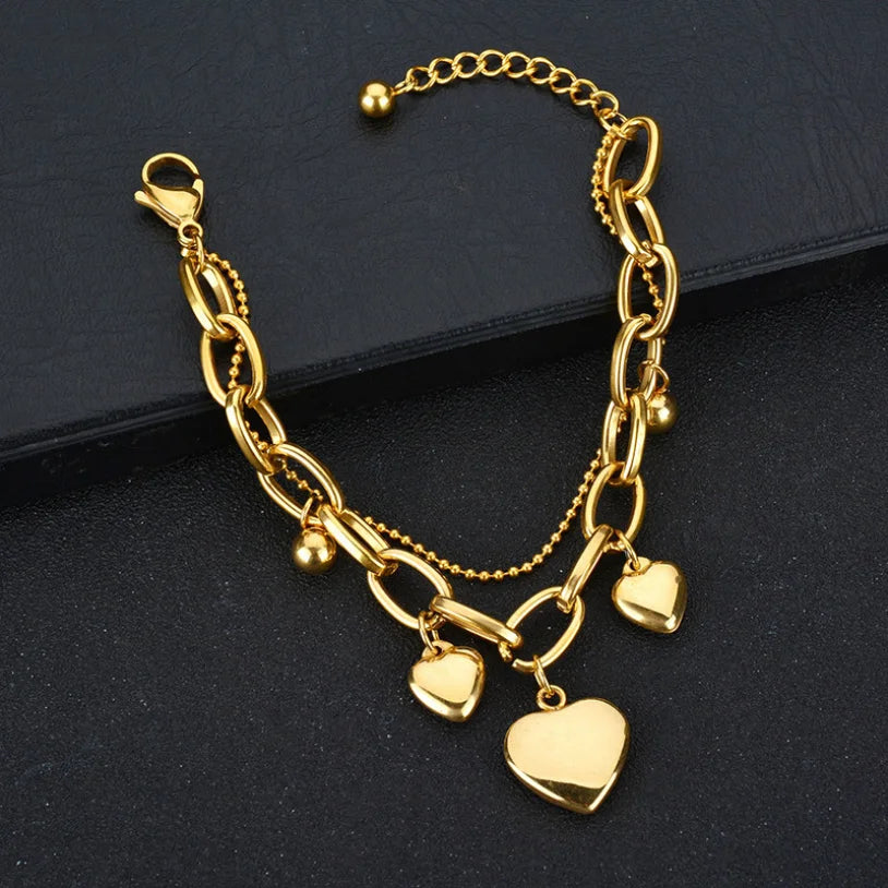 316L Stainless Steel New Fashion Upscale Jewelry 2 Layer Lovers 3 Gradients Love Heart Thick Chain Bracelets For Women