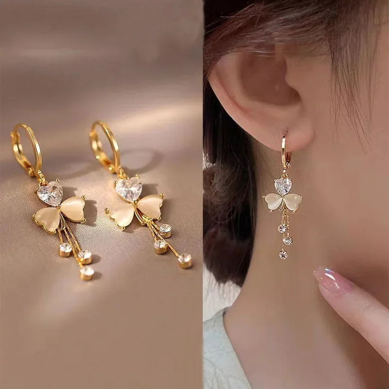 Temperament Clover Crystal Opal Flower Drop Dangle Earring