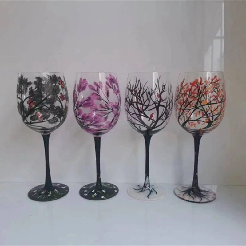 Four Seasons Tree Wine Glass Hand Painted OR High Legged Glass Cup Glassware