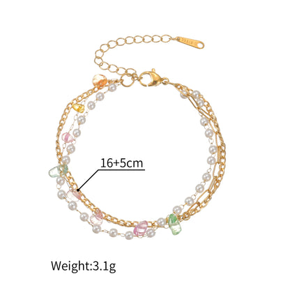 Letdiffery Multi-layer Colorful Nature Stone Bracelets for Women Stainless Steel Imitation Pearl Golden Color Bracelet Jewelry