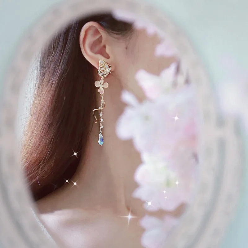 Korean Elegant Flower Butterfly Earrings For Women Exquisite Crystal