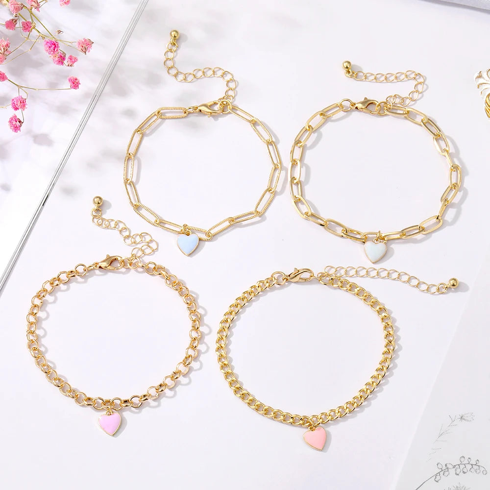 IPARAM New Fashion Chain Bracelets Set for Women Colorful Heart Pendant Golden Chains Multi-layered Bracelet Charm Punk Jewelry