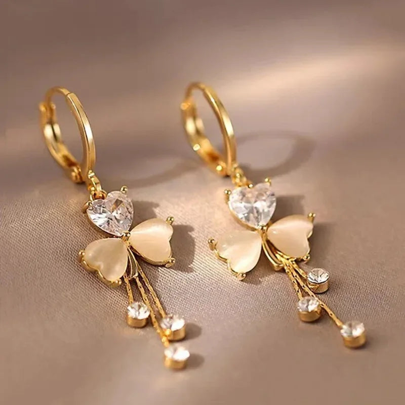 Temperament Clover Crystal Opal Flower Drop Dangle Earring