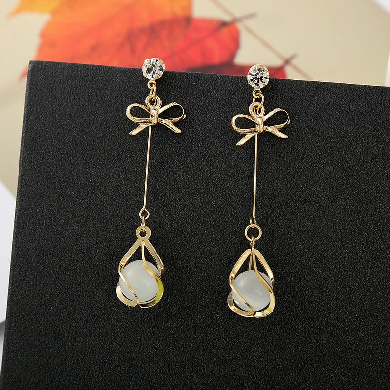 Trendy Metal Frame Dangle Opal Earrings for Women Golden Rhinestones Bow Knot Drop Earrings