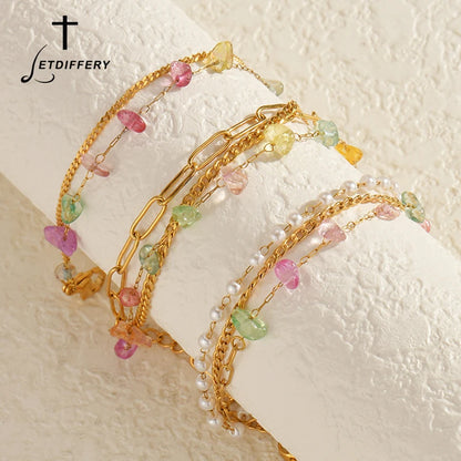 Letdiffery Multi-layer Colorful Nature Stone Bracelets for Women Stainless Steel Imitation Pearl Golden Color Bracelet Jewelry