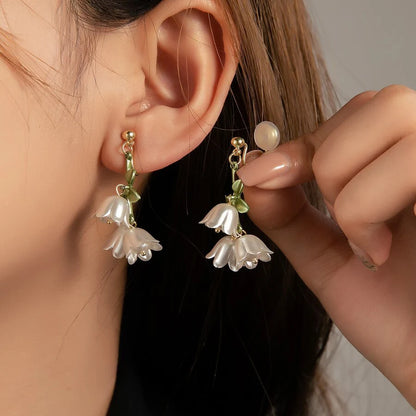 Obega White Orchid Flower Drop Hook Earrings Gold Color Super Fairy