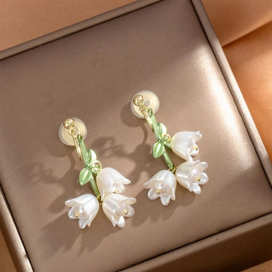 Obega White Orchid Flower Drop Hook Earrings Gold Color Super Fairy