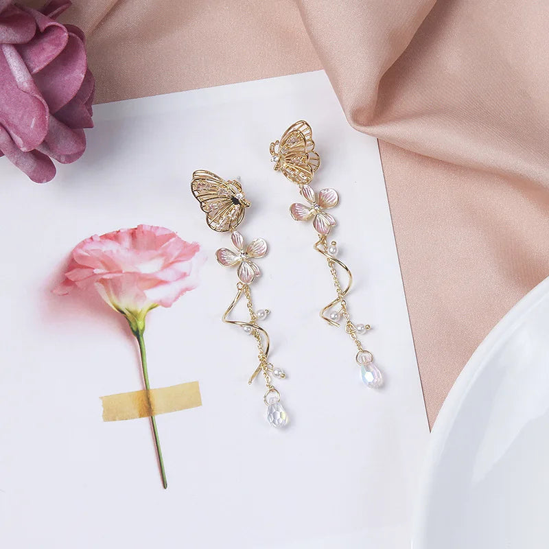 Korean Elegant Flower Butterfly Earrings For Women Exquisite Crystal