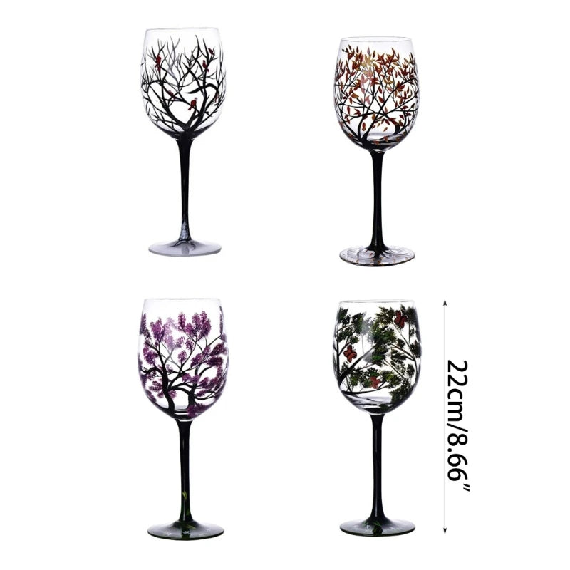 Four Seasons Tree Wine Glass Hand Painted OR High Legged Glass Cup Glassware