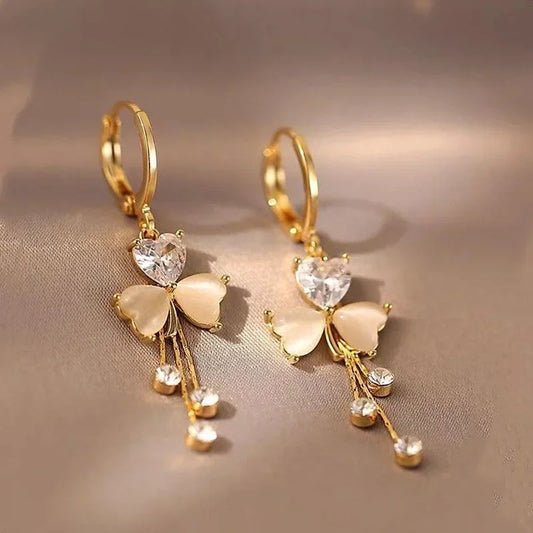 Temperament Clover Crystal Opal Flower Drop Dangle Earring