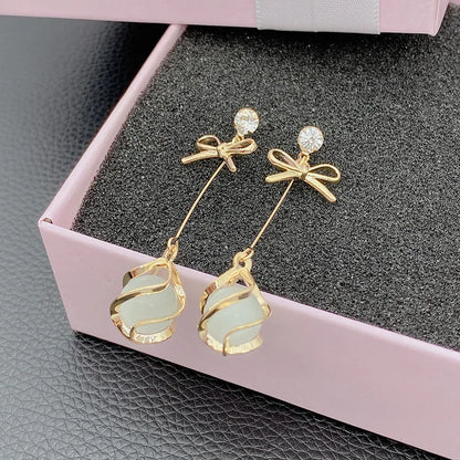 Trendy Metal Frame Dangle Opal Earrings for Women Golden Rhinestones Bow Knot Drop Earrings