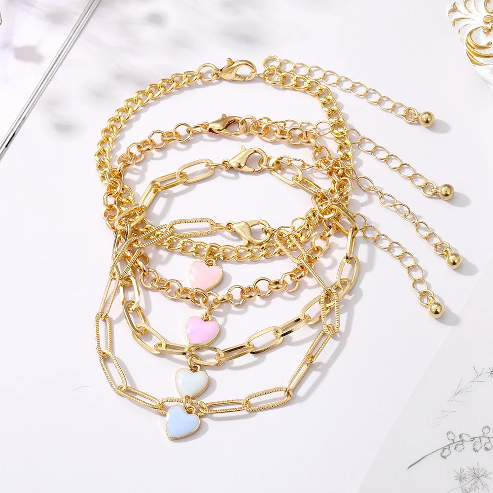 IPARAM New Fashion Chain Bracelets Set for Women Colorful Heart Pendant Golden Chains Multi-layered Bracelet Charm Punk Jewelry