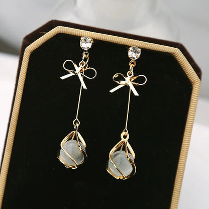 Trendy Metal Frame Dangle Opal Earrings for Women Golden Rhinestones Bow Knot Drop Earrings