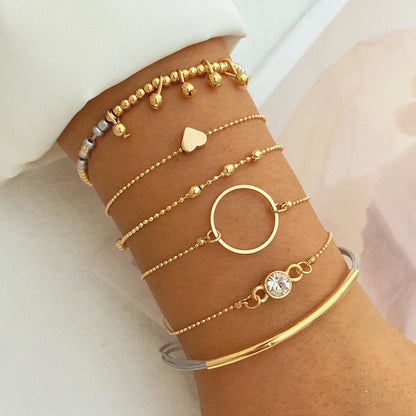 IPARAM New Fashion Chain Bracelets Set for Women Colorful Heart Pendant Golden Chains Multi-layered Bracelet Charm Punk Jewelry