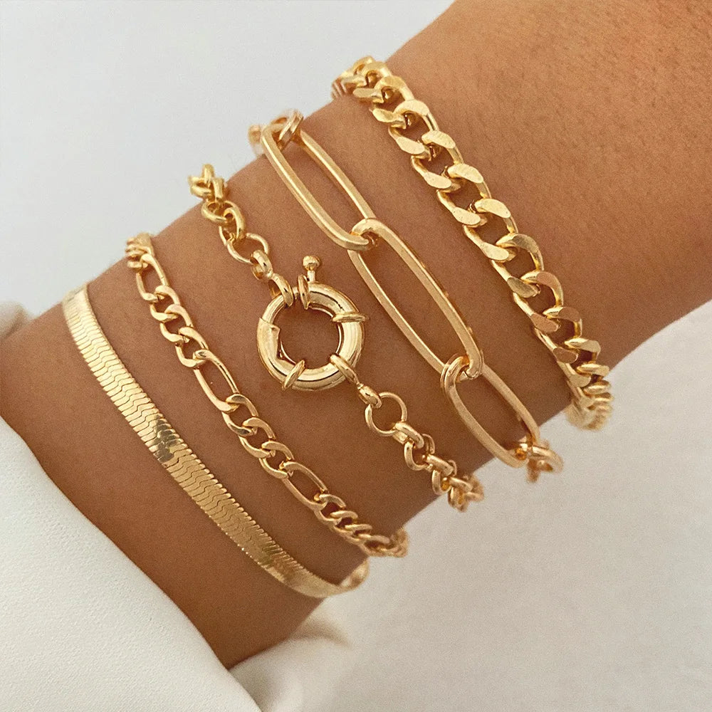 IPARAM New Fashion Chain Bracelets Set for Women Colorful Heart Pendant Golden Chains Multi-layered Bracelet Charm Punk Jewelry