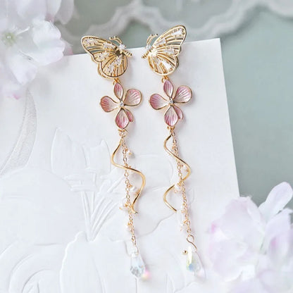 Korean Elegant Flower Butterfly Earrings For Women Exquisite Crystal