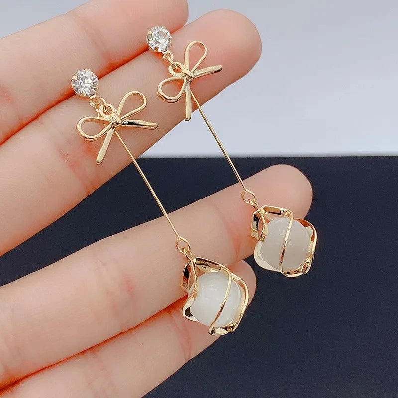 Trendy Metal Frame Dangle Opal Earrings for Women Golden Rhinestones Bow Knot Drop Earrings