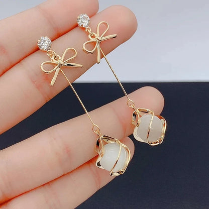 Trendy Metal Frame Dangle Opal Earrings for Women Golden Rhinestones Bow Knot Drop Earrings