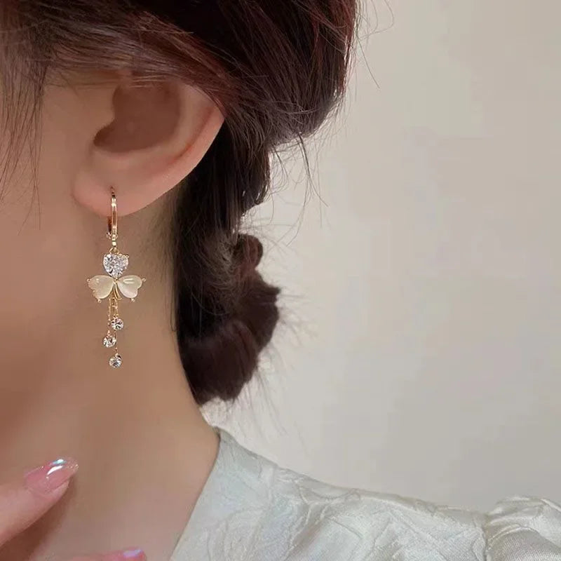 Temperament Clover Crystal Opal Flower Drop Dangle Earring