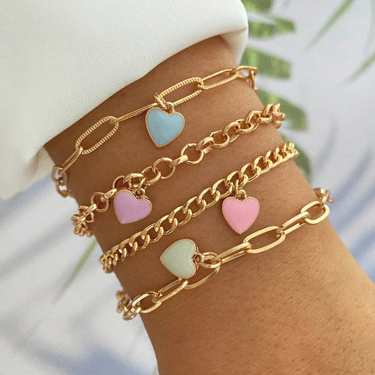 IPARAM New Fashion Chain Bracelets Set for Women Colorful Heart Pendant Golden Chains Multi-layered Bracelet Charm Punk Jewelry