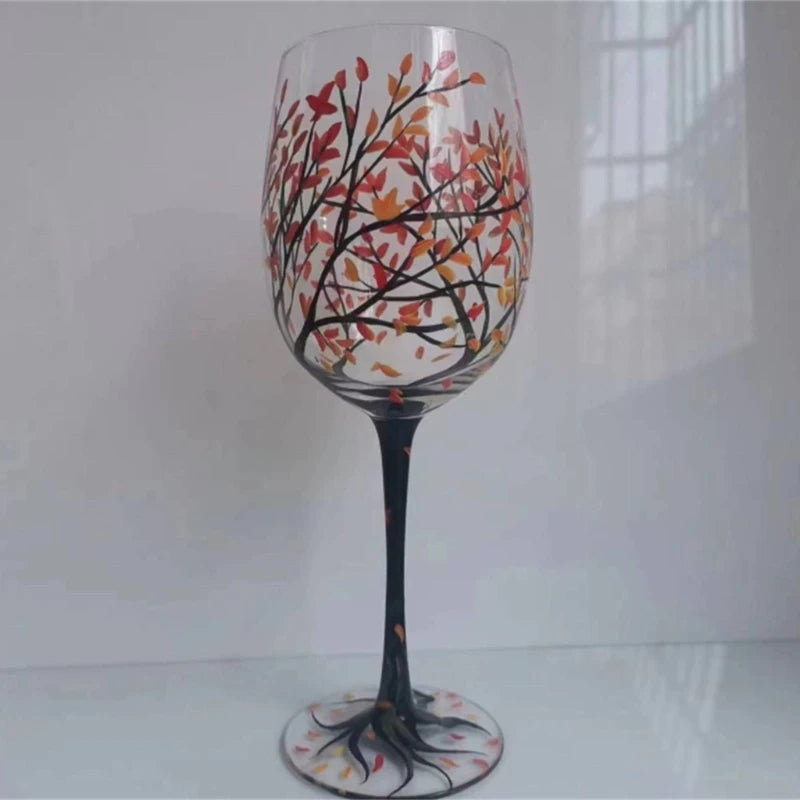 Four Seasons Tree Wine Glass Hand Painted OR High Legged Glass Cup Glassware