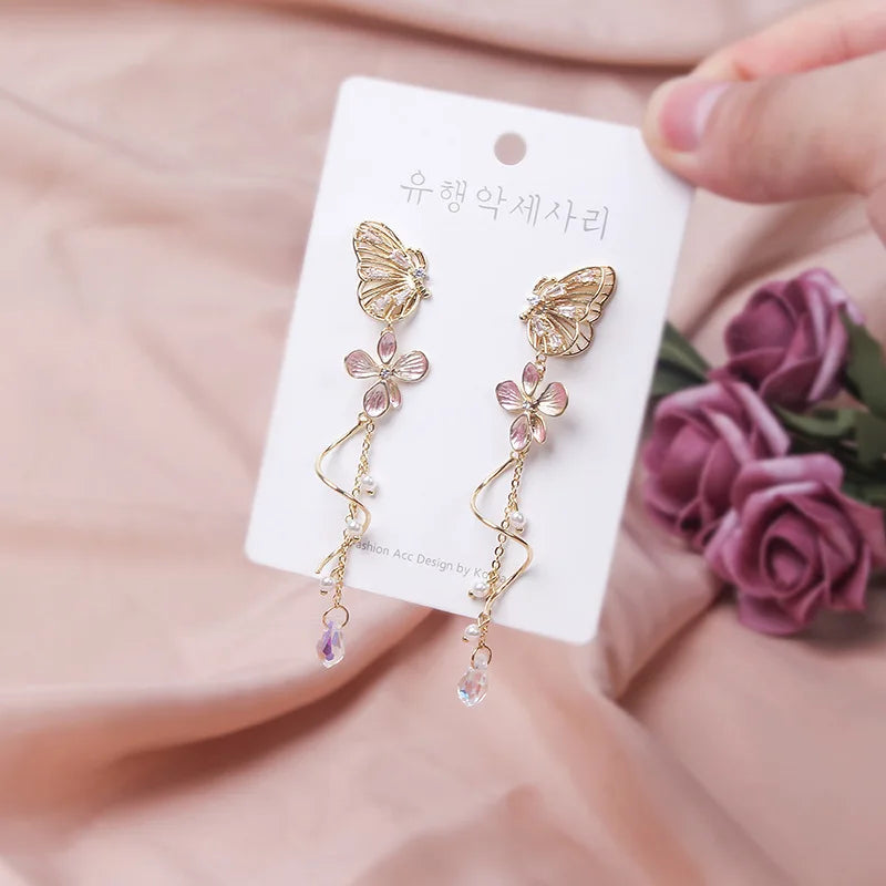 Korean Elegant Flower Butterfly Earrings For Women Exquisite Crystal