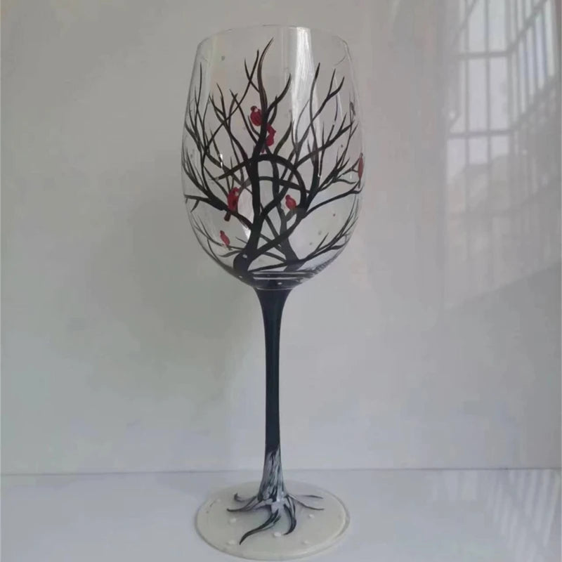 Four Seasons Tree Wine Glass Hand Painted OR High Legged Glass Cup Glassware