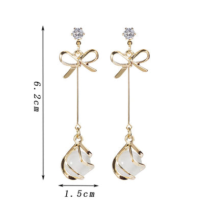 Trendy Metal Frame Dangle Opal Earrings for Women Golden Rhinestones Bow Knot Drop Earrings