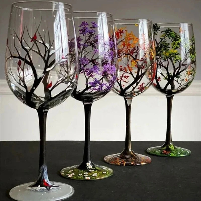 Four Seasons Tree Wine Glass Hand Painted OR High Legged Glass Cup Glassware